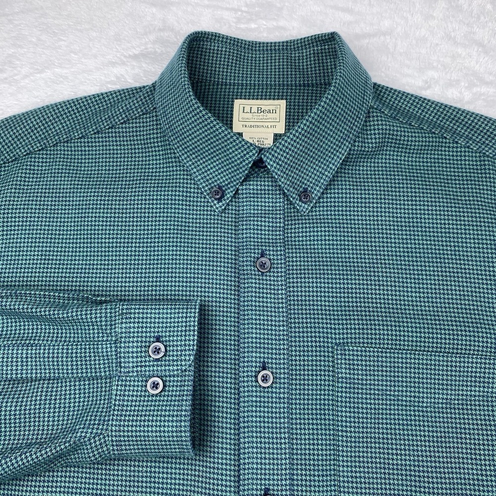 L.L. Bean Mens Shirt Large Green Houndstooth Traditional Fit Long Sleeves